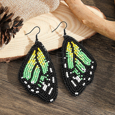 Bohemian Style Green Butterfly Wing Glass Bead Handmade Dangle Earrings LW2379-1