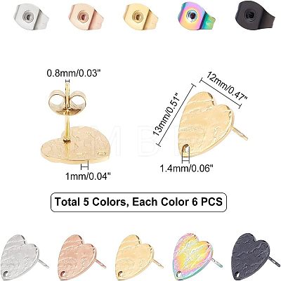 Unicraftale 30Pcs 5 Colors Heart Shape with Textured PVD Vacuum Plating 304 Stainless Steel Stud Earring Findings EJEW-UN0001-62-1