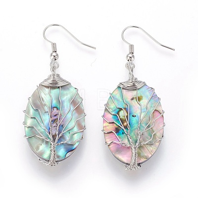 Abalone Shell/Paua Shell Oval with Tree of Life Dangle Earrings EJEW-SZ0001-66A-1