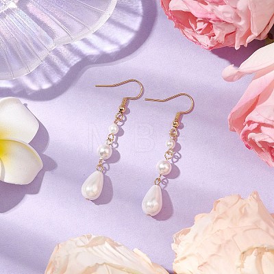 Teardrop Shell Pearl & Brass Dangle Earrings for Women EJEW-TA00513-1