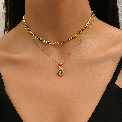 Elegant Stainless Steel Crystal Rhinestone Swan Penant Double Layer Necklaces for Women QF7549-1