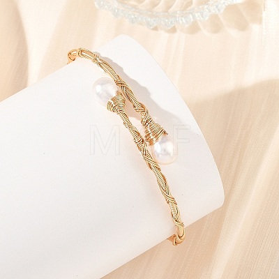Natural Cultured Freshwater Pearl Rice Wire Wrapped Brass Cuff Bangles for Women BJEW-JB14301-1