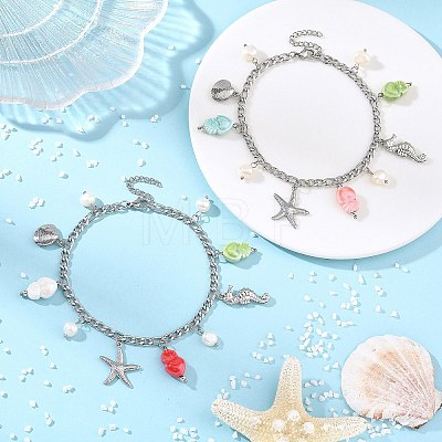Porcelain Beads & Natural Cultured Freshwater Pearl Anklets SA-AJEW-AN00843-02-1