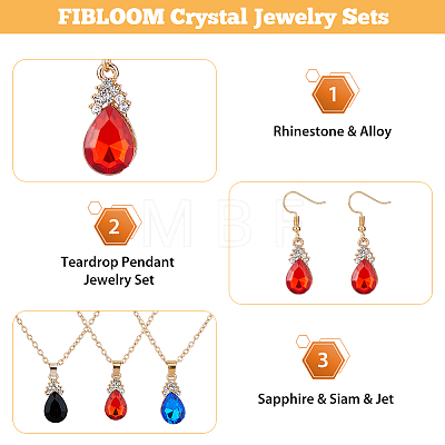 FIBLOOM 3 Sets 3 Colors Rhinestone Teardrop Dangle Earrings & Pendant Necklace SJEW-FI0001-27-1