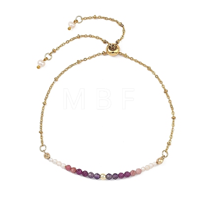 Adjustable Natural Ruby & Amethyst & Rhodonite & Non-magnetic Synthetic Hematite Cultured Freshwater Pearl Beads Satellite Chains Slider Bracelets BJEW-JB14095-01-1