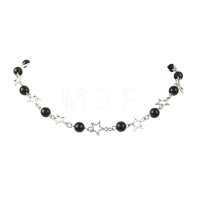 Star Alloy & Round Natural Eyeless Obsidian Link Chain Necklaces for Women NJEW-JN05135-1