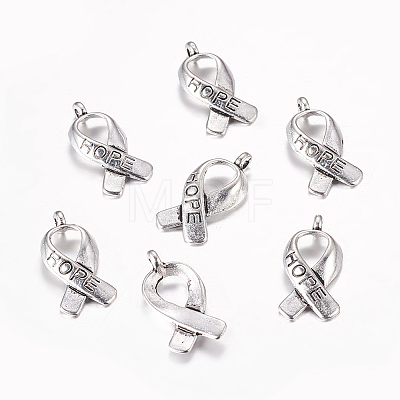 Breast Cancer Awareness Ribbon Carved Word Hope Tibetan Style Alloy Message Pendants TIBEP-S278-AS-LF-1