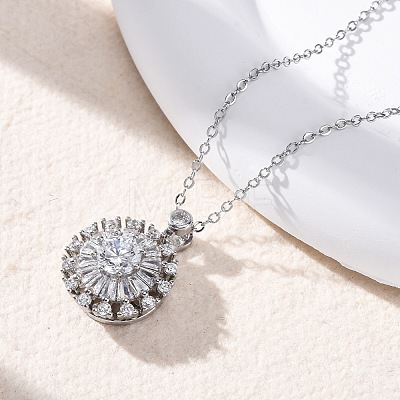 Brass Clear Cubic Zirconia Rotatable Sunflower Pendant Necklaces for Women NJEW-C067-05P-1