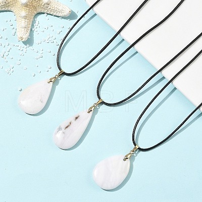 Natural Pink Opal Teardrop Pendant Black Waxed Cord Necklaces for Women NJEW-JN06584-1