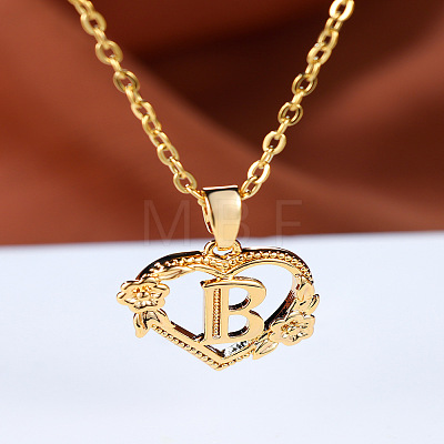 Brass Rose Flower Heart with Letter Pendant Cable Chain Necklaces FS-WG42461-02-1