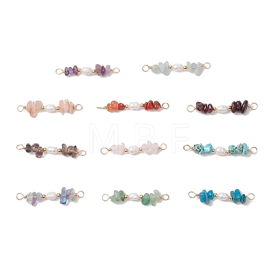 Natural Mixed Stone Chip & Natural Cultured Freshwater Pearl Rice Beaded Connector Charms PALLOY-JF03707-1