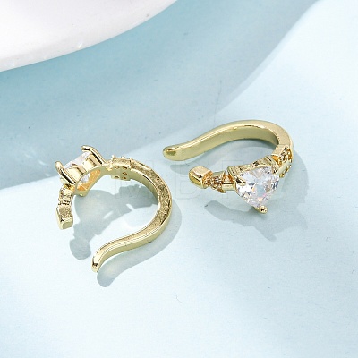 Heart Brass Micro Pave Clear Cubic Zirconia Cuff Earrings EJEW-H178-02G-1