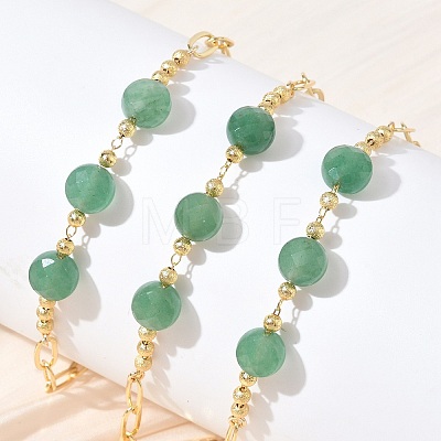 Natural Green Aventurine Faceted Flat Round Beaded Brass Paperclip Chain Bracelets GG-CBA37F5-02G-01-1