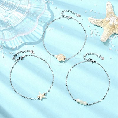 3Pcs 3 Styles Ocean Dyed Synthetic Turquoise Turtle Starfish & Round Natural White Shell Anklets AJEW-AN00803-1