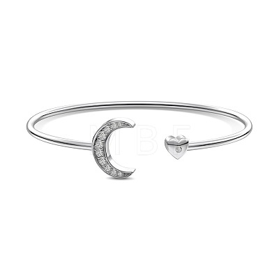 Moon Rhodium Plated 925 Sterling Silver Micro Pave Cubic Zirconia Cuff Bangles for Women BJEW-C062-05P-1