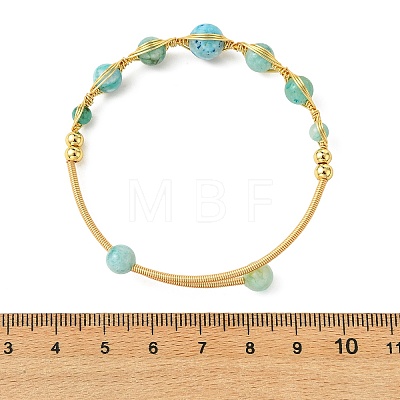 Herringbone Wire-Wrapped Natural Hemimorphite Brass Cuff Bangles BJEW-JB14039-02-1