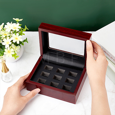 9-Slot Wooden Championship Rings Display Case Box CON-WH0086-075-1