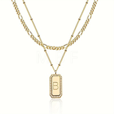 Brass Micro Pave Clear Cubic Zirconia Rectangle with Initial Pendant Double Layer Necklaces for Women FS-WG478B5-02-1