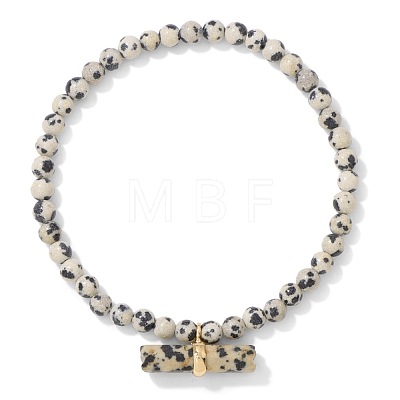 4MM Natural Dalmatian Jasper Round Beaded Stretch Bracelets with Faceted Column Gems Charms WG291B2-03-1
