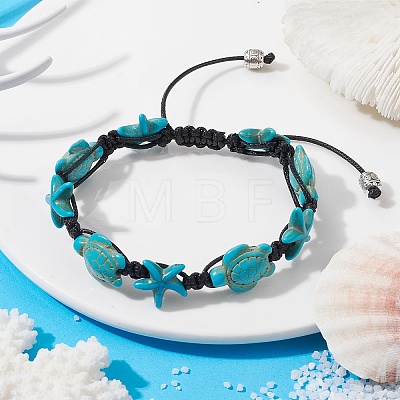 Synthetic Turquoise Starfish & Turtle Braided Bead Bracelet X-BJEW-TA00388-01-1