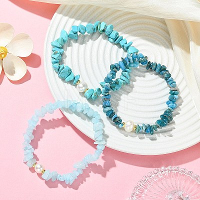 3Pcs 3 Styles Natural & Synthetic Mixed Gemstone Chip & Natural Cultured Freshwater Pearl Beaded Stretch Bracelets Set for Women BJEW-JB13762-05-1