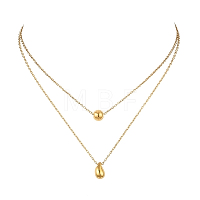 304 Stainless Steel Round Teardrop Pendant Cable Chain Double Layer Necklaces for Women NJEW-B083-03G-1