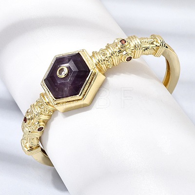 Hexagon Brass Pave Natural Amethyst & Cubic Zirconia Cuff Bangles for Women BJEW-Z172-01G-09-1