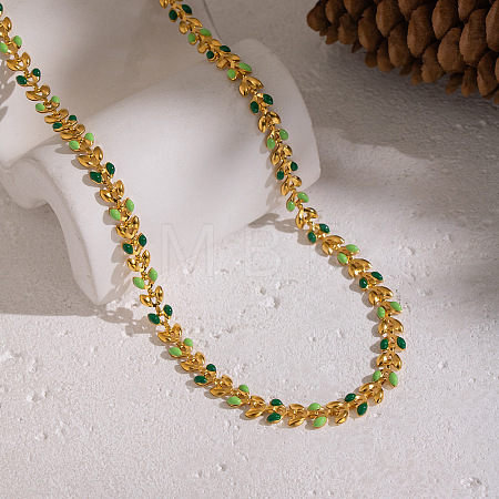 304 Stainless Steel Enamel Leaf Link Chain Necklaces for Women NJEW-Z111-01G-1