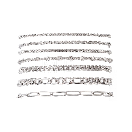 7Pcs 304 Stainless Steel Figaro Chains & Venetian Chains & Water Wave Chains & Cable Chains & Rolo Chains & Bracelets for Women BJEW-JB12773-1