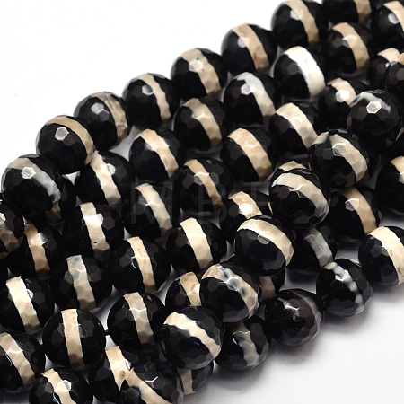 Tibetan Style Beige Striped Pattern dZi Beads Strands TDZI-O005-10F-8mm-1