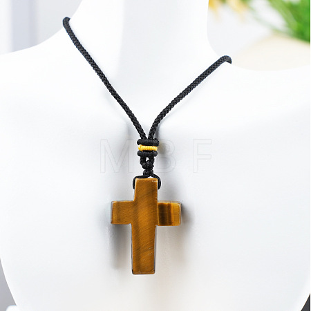 Natural Tiger Eye Cross Pendant Black Cotton Cord Necklaces FS-WG3ED65-01-1