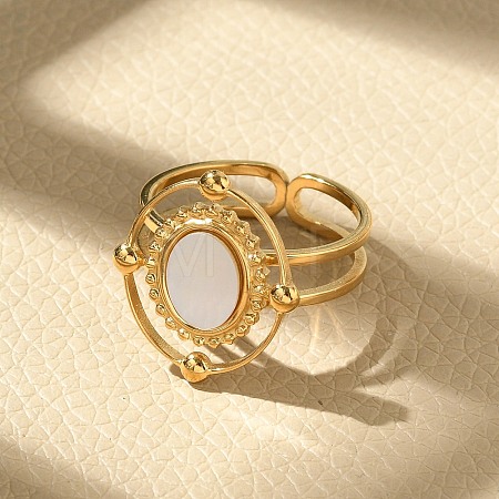 Oval 304 Stainless Steel White Shell Finger Rings for Women RJEW-G346-09G-02-1