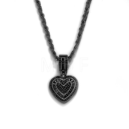 Brass Micro Pave Black Clear Cubic Zirconia Heart Pendant Rope Chain Necklaces for Women FS-WG43ED0-08-1