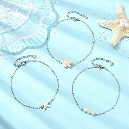 3Pcs 3 Styles Ocean Dyed Synthetic Turquoise Turtle Starfish & Round Natural White Shell Anklets AJEW-AN00803-1