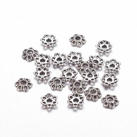 6-Petal Tibetan Style Alloy Hollow Flower Bead Caps X-TIBE-S221-AS-NR-1