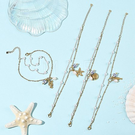 Ocean 304 Stainless Steel Sea Animals & Handmade Flower Printed Porcelain Ceramic Charm Anklets AJEW-AN00866-1