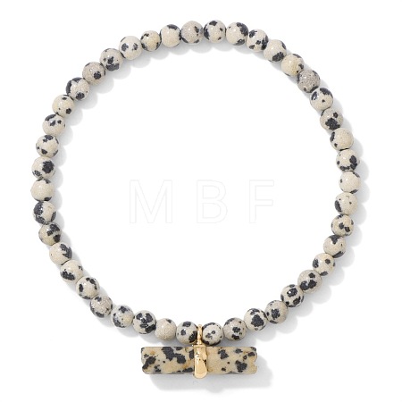 4MM Natural Dalmatian Jasper Round Beaded Stretch Bracelets with Faceted Column Gems Charms WG291B2-03-1