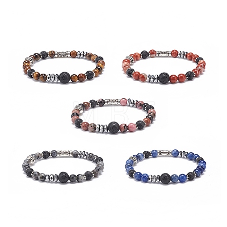 Natural Lava Rock & Mixed Gemstone Stretch Bracelet with Alloy Column Beaded BJEW-JB08731-1