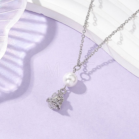 Alloy Rose Flower and Round Shell Pearl Pendant 304 Stainless Steel Cable Chain Necklaces for Women NJEW-JN05759-02-1