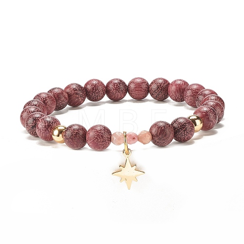 Synthetic Hematite & Natural Sandalwood & Rhodonite Stretch Bracelet with Brass Star BJEW-JB07929-1