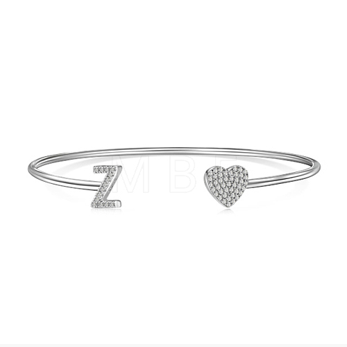 Anti-Tarnish Heart & Letter Rhodium Plated 925 Sterling Silver Micro Pave Cubic Zirconia Cuff Bangles for Women BJEW-C062-01Z-P-1