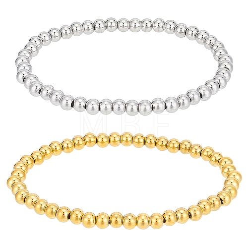 4Pcs 2 Colors 201 Stainless Steel Round Beaded Stretch Bracelets Set for Men Women BJEW-BC0001-15A-1
