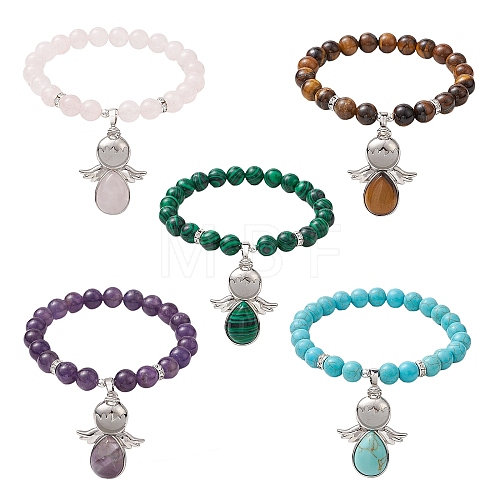 Natural & Synthetic Mixed Gemstone Stretch Bracelets with Angel Charms BJEW-JB11046-1