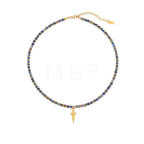 Stainless Steel Cross Pendant Necklace with Natural Lapis Lazuli Beaded MG1904-3-1