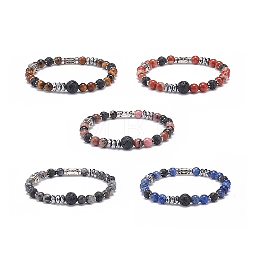 Natural Lava Rock & Mixed Gemstone Stretch Bracelet with Alloy Column Beaded BJEW-JB08731-1