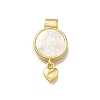 Brass Pave Natural White Shell Flat Round with Heart Pendants KK-C090-37G-2