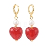 Red Glass Heart with Natural Pearl Dangle Leverback Earrings EJEW-TA00129-2