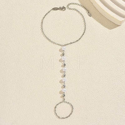 Elegant Brass Imitation Round White Pearl Hand Chain Finger Ring Bracelets for Women KS0811-1