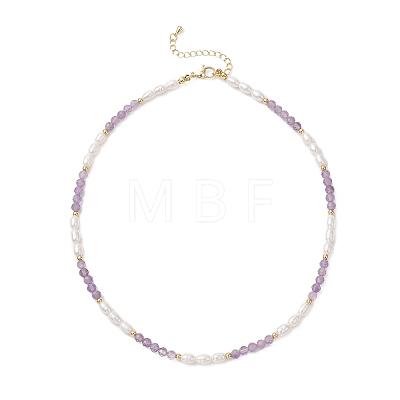Faceted Round Natural Amethyst and Rice Natural Pearl Beaded Necklaces for Women NJEW-JN05816-03-1