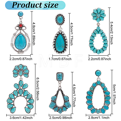 ANATTASOUL 6 Pairs 6 Style Synthetic Turquoise Teardrop & Arch Flower Dangle Stud Earrings EJEW-AN0001-10-1